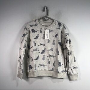 SM Wardrobe Cat Print Long Sleeve Crew Sweatshirt, Women's Size S - Grey
